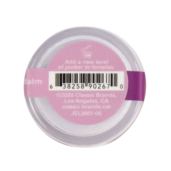 A clear jar with a pink label that says "Balm" and "Add a new level of pucker to foreplay."