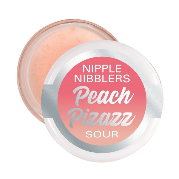 Peach Pizazz Sour Pleasure Balm in a clear jar with a pink label.