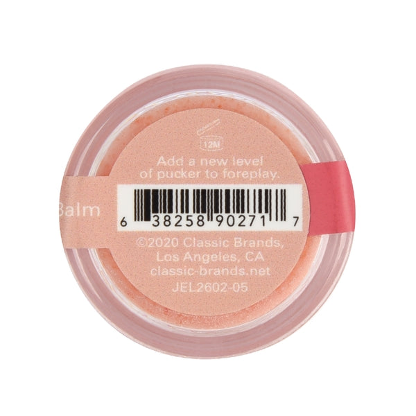 A peach-flavored lip balm with a label that reads "Add a new level of pucker to foreplay."