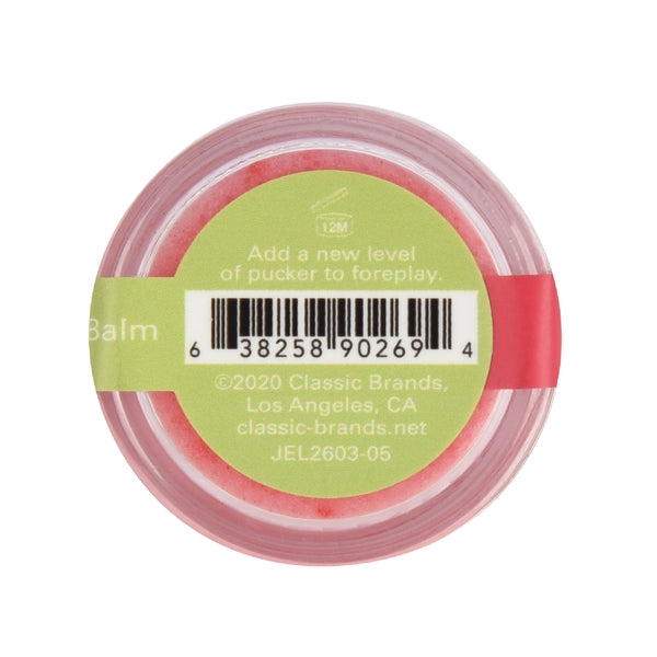 A round container of Wicked Watermelon flavored balm with product information.