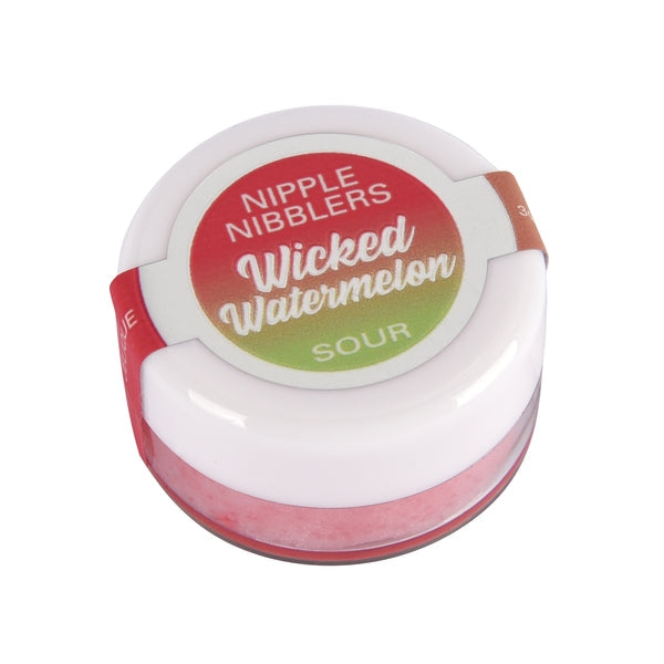 A small white jar with a red and green label that says "Nipple Nibblers Wicked Watermelon Sour".