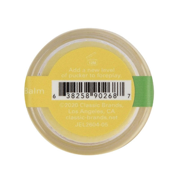A yellow label on a clear container with "Balm" and a barcode.