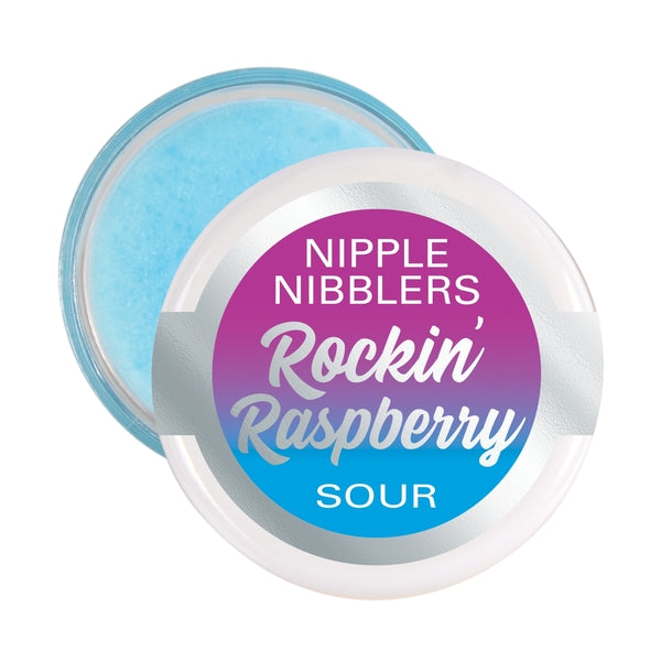 A blue balm in a jar labeled Nipple Nibblers Rockin' Raspberry Sour.
