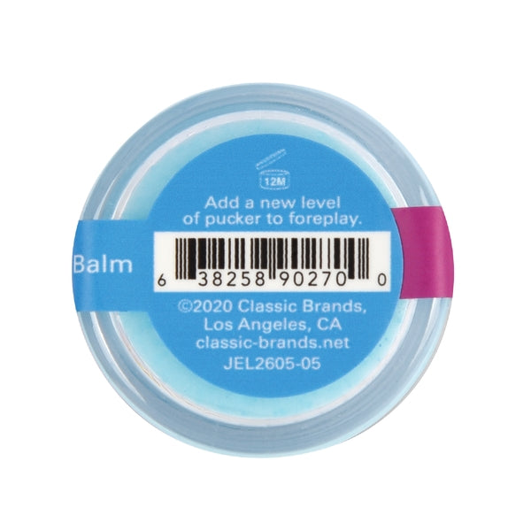 A round balm container with a blue label featuring a barcode and text.
