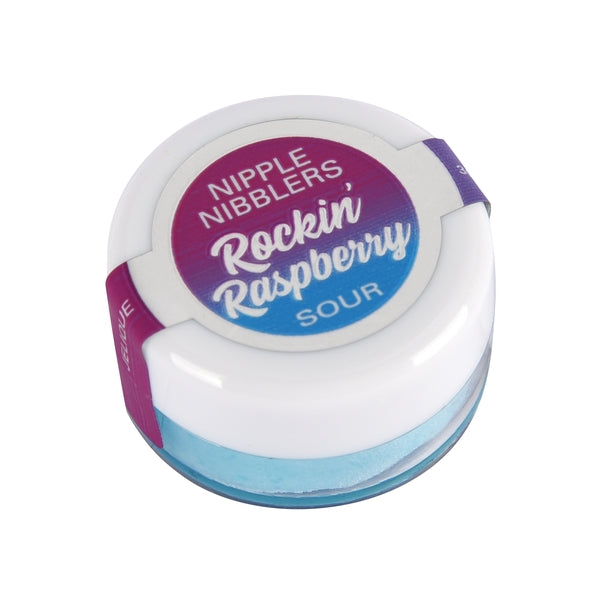 A small white container with a purple and blue label that reads "Nipple Nibblers Rockin' Raspberry Sour".