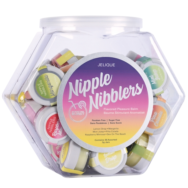 A hexagonal jar filled with 36 assorted flavors of Jelique Nipple Nibblers flavored pleasure balm.