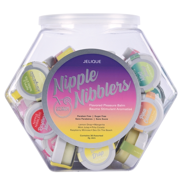 A hexagonal jar filled with 36 assorted flavors of Jelique Nipple Nibblers pleasure balm.