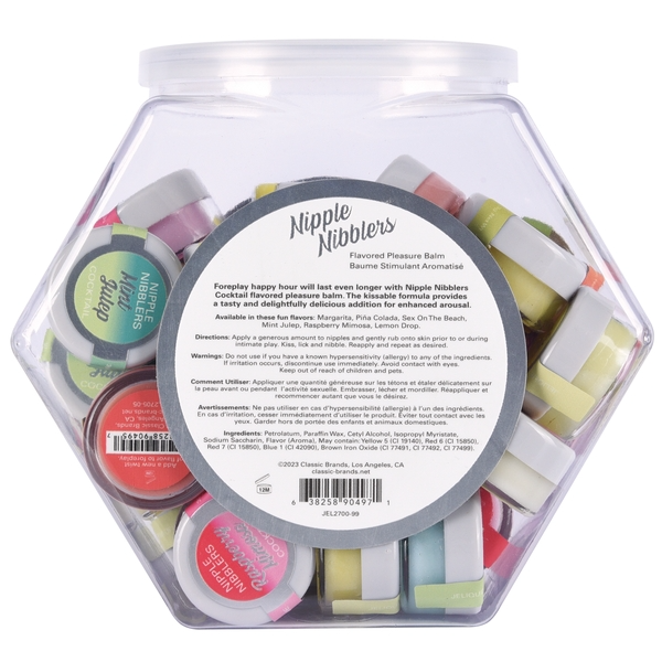 A hexagonal container filled with 36 small jars of assorted flavored nipple pleasure balm.