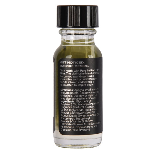 A small glass bottle of Pure Instinct For Him cologne oil with a black cap.