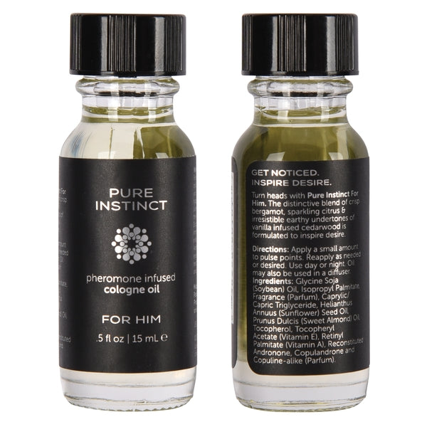 Pure Instinct cologne oil for him in a clear glass bottle with a black cap.