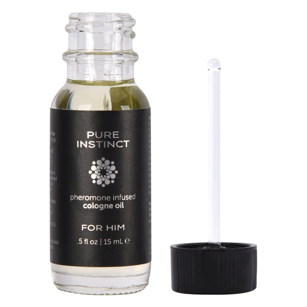 Pure Instinct pheromone infused cologne oil for him in a clear glass bottle with a dropper.