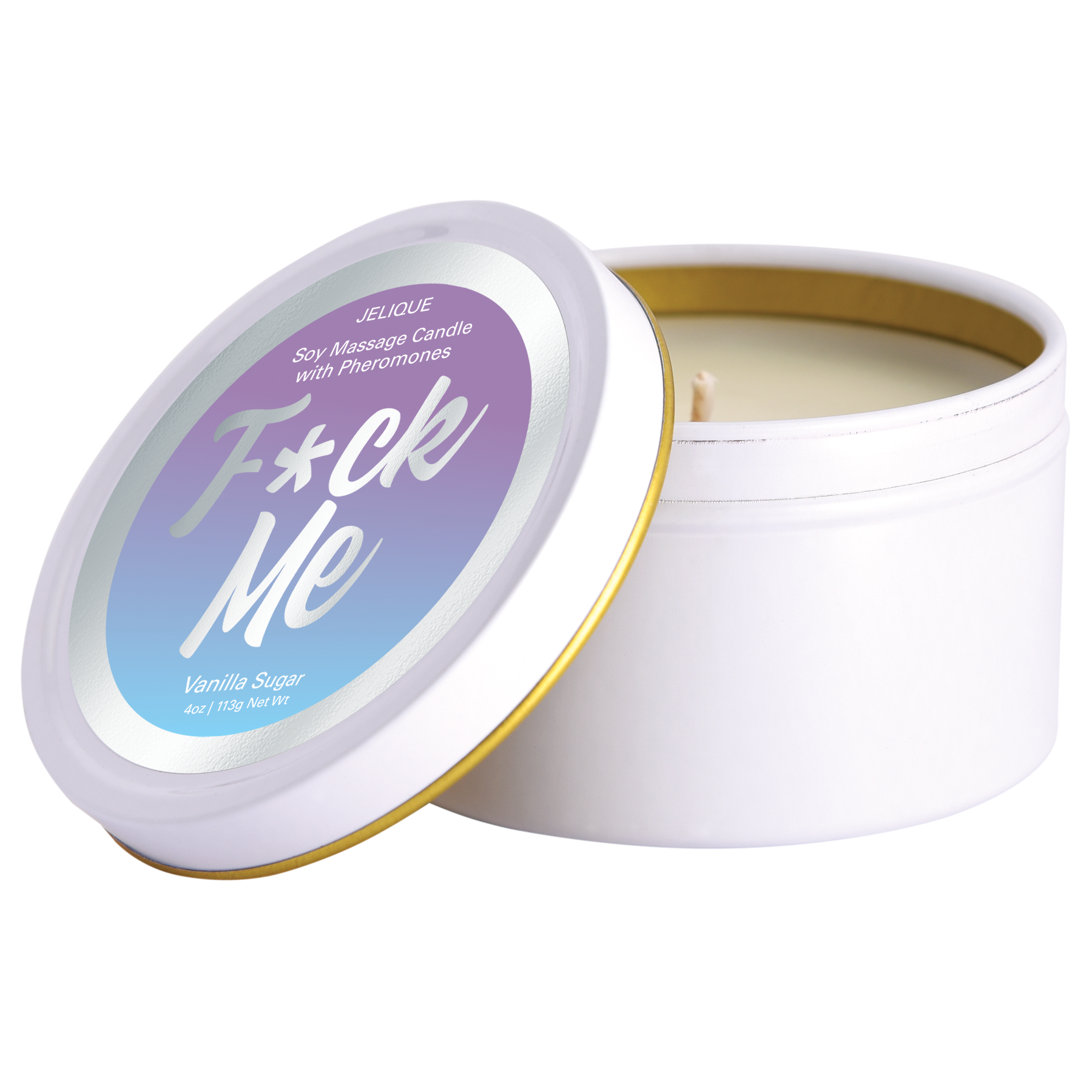 Vanilla Sugar Pheromone Soy Massage Candle with "Fuck Me" label.