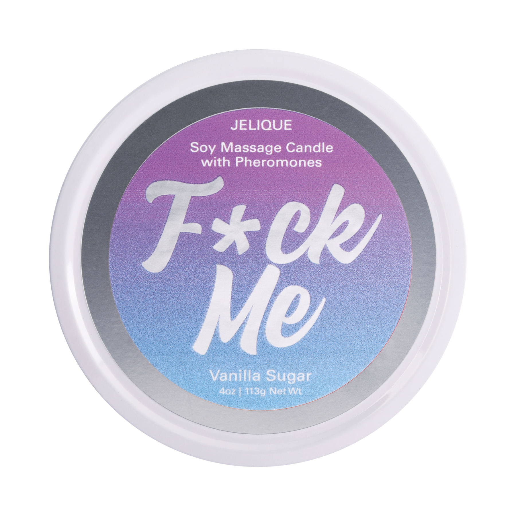 A round soy massage candle with a gradient label that says "F*ck Me" and "Vanilla Sugar".