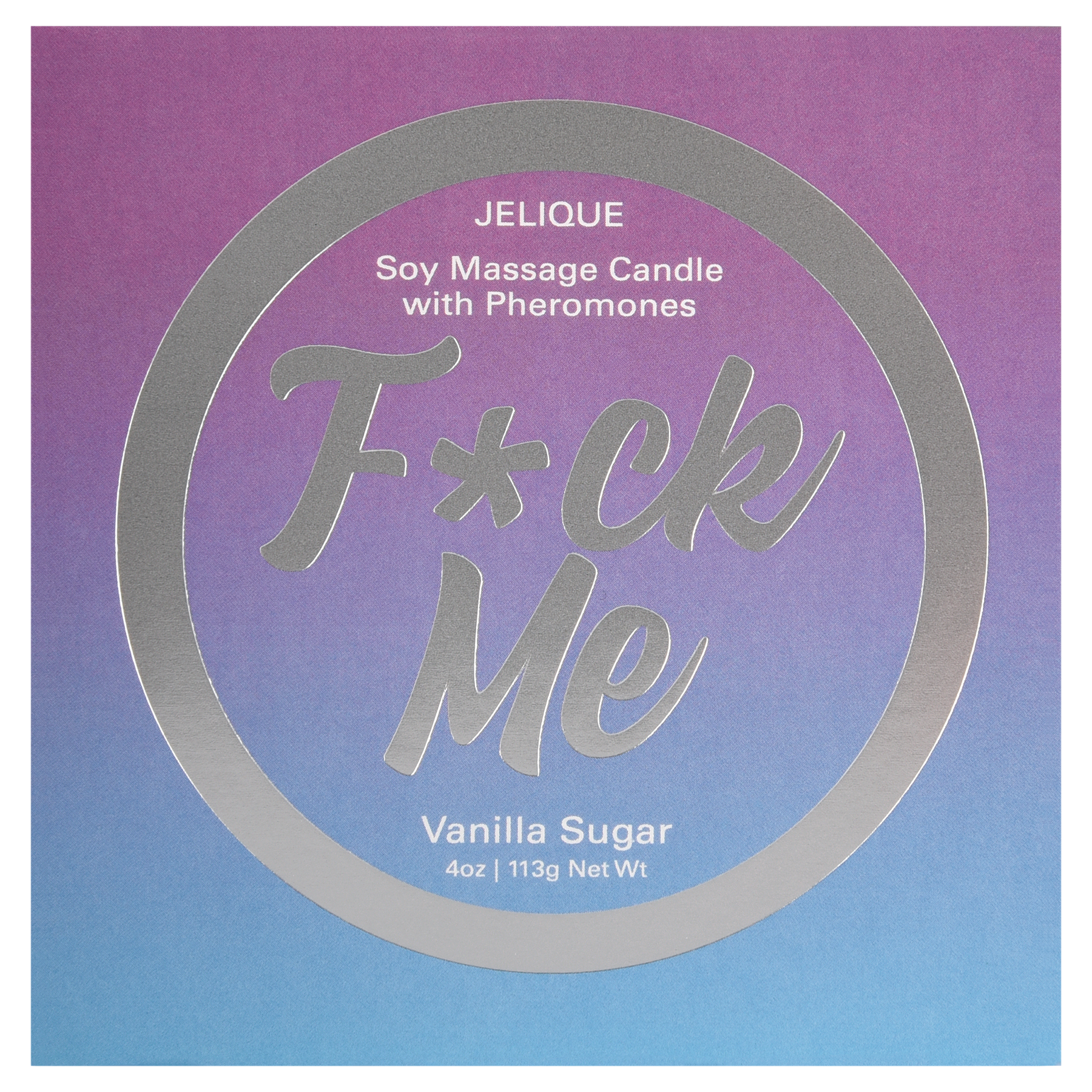 A Vanilla Sugar Pheromone Soy Massage Candle with "Fuck Me" text.