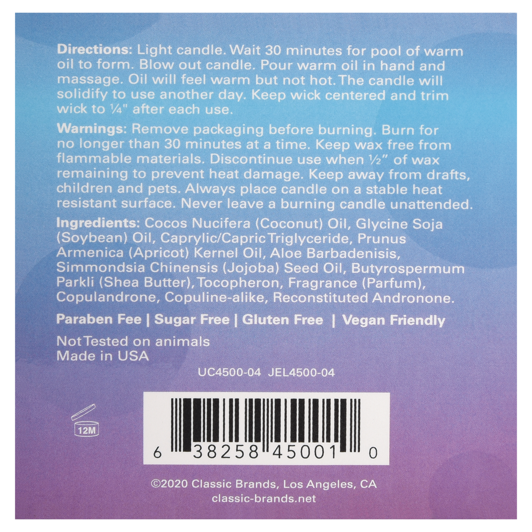 Soy massage candle with directions, warnings, ingredients, and barcode.