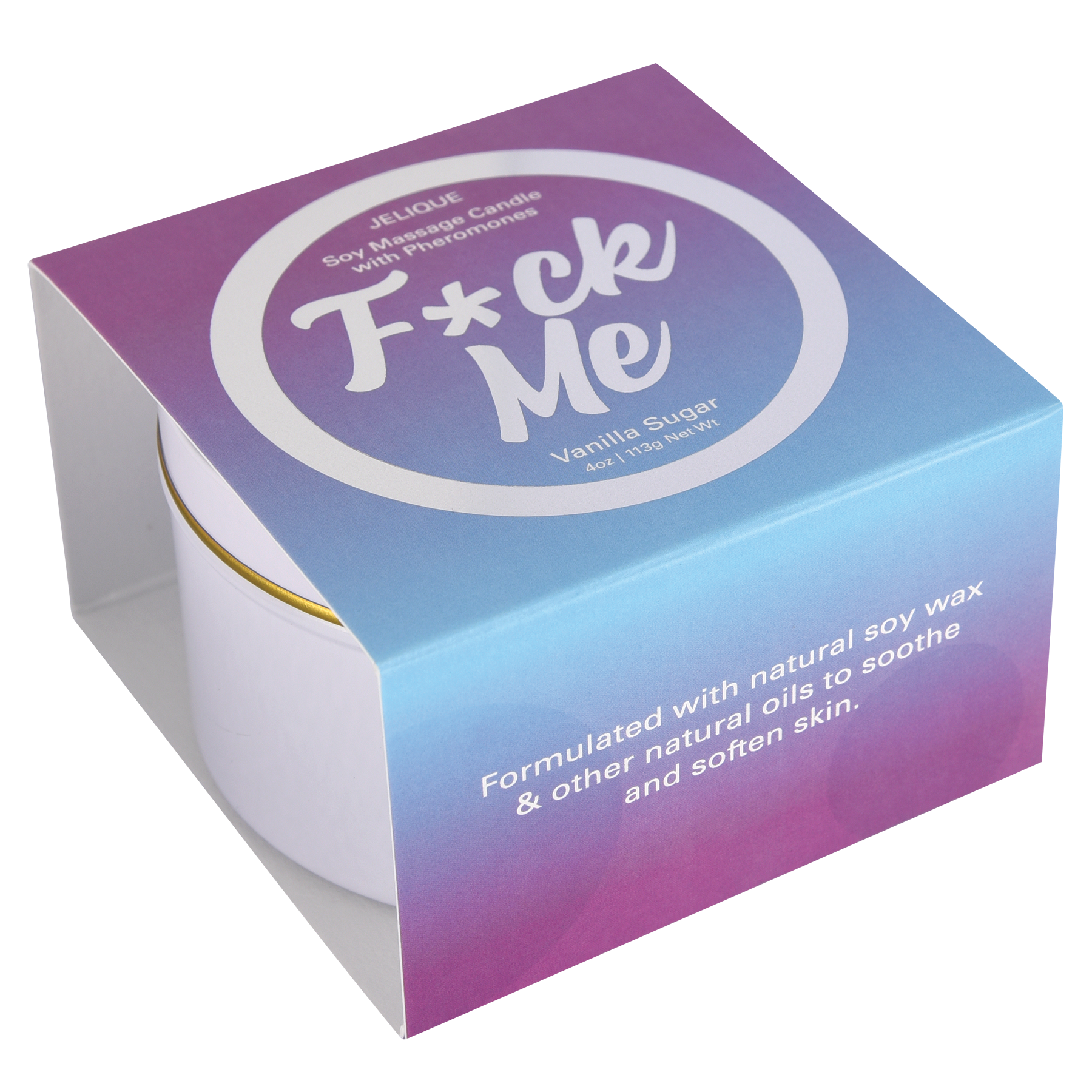 Vanilla Sugar Pheromone Soy Massage Candle with "Fuck Me" branding.