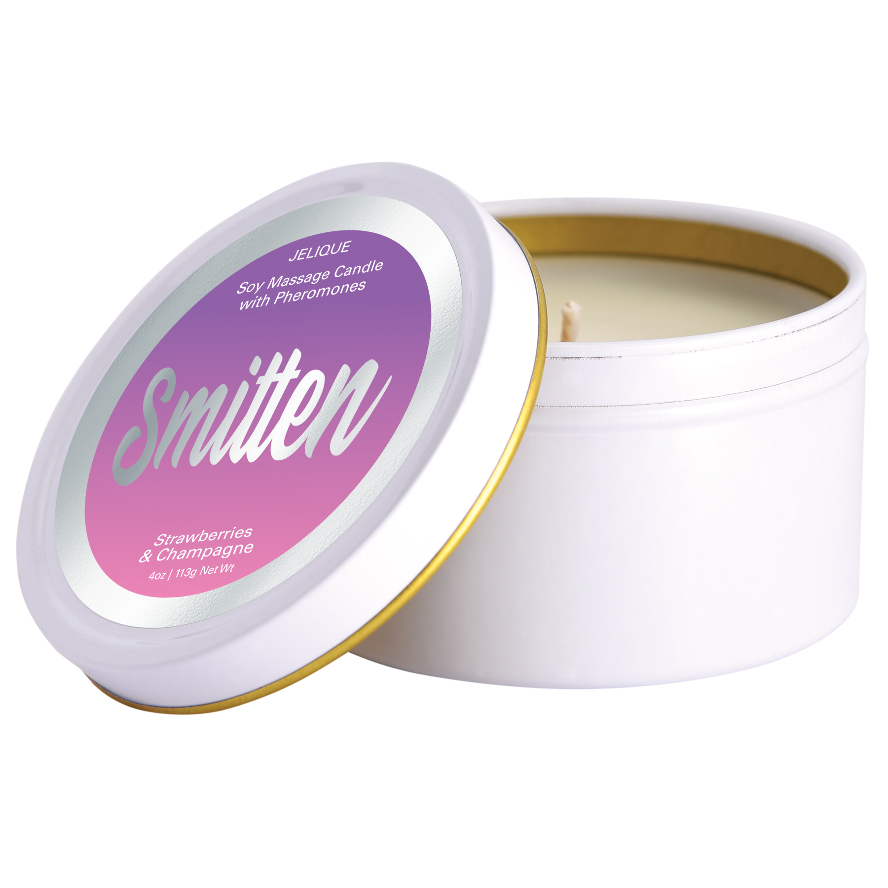 A white soy massage candle with a purple and pink label that says "Smitten" and "Strawberries & Champagne".