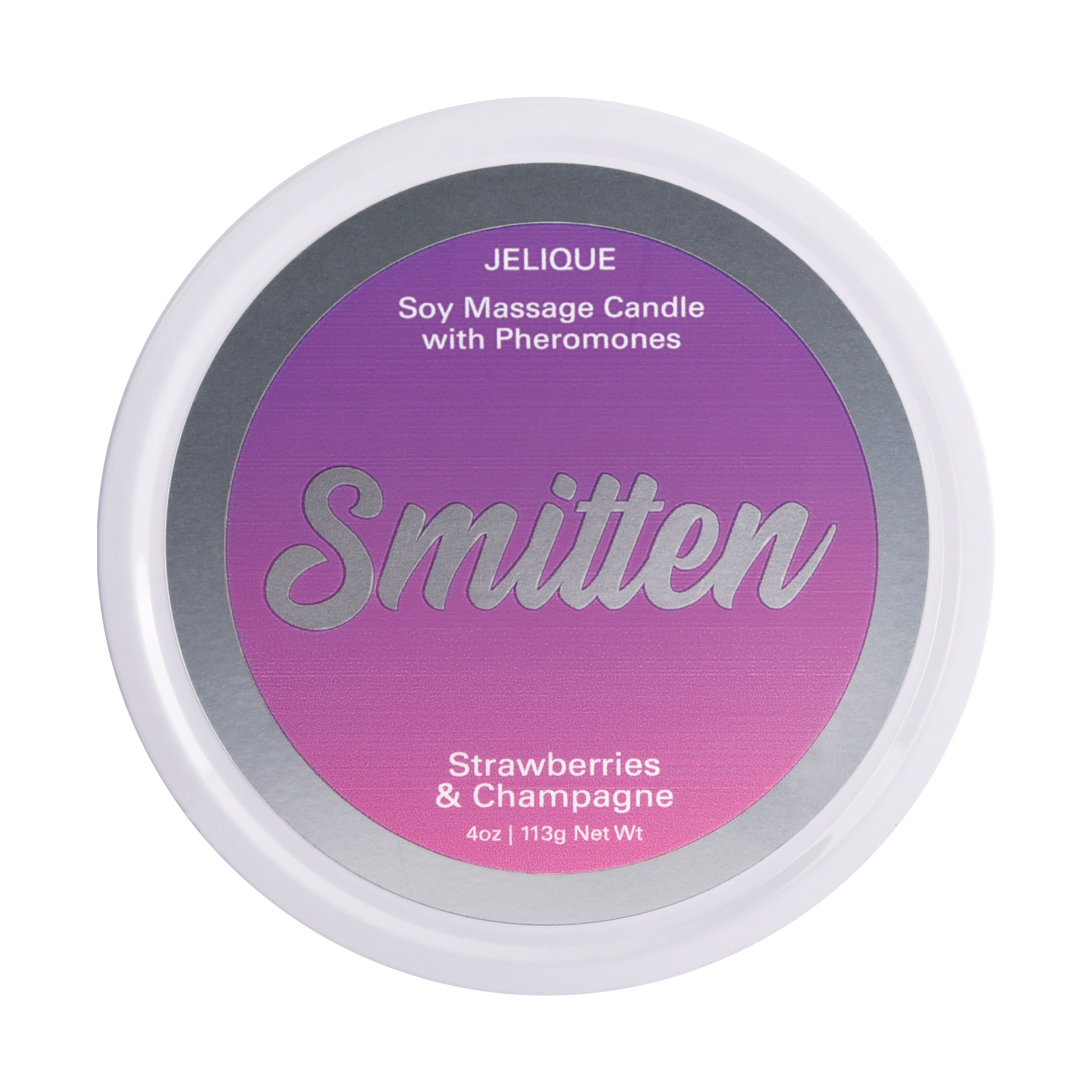 JELIQUE Smitten Soy Massage Candle with Pheromones in Strawberries & Champagne scent.