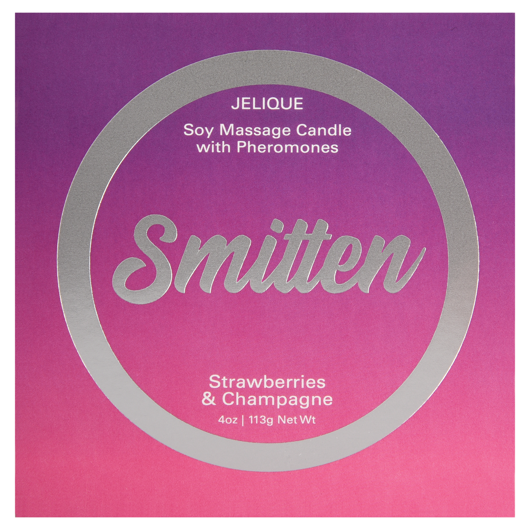A soy massage candle with pheromones in "Smitten" Strawberry & Champagne scent.