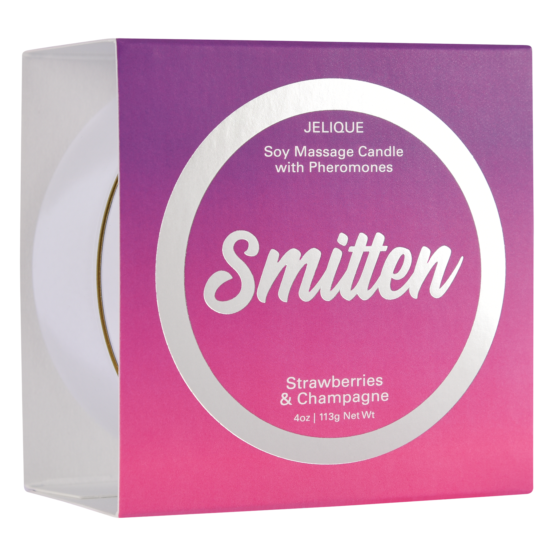 A Smitten Soy Massage Candle with Pheromones in Strawberry & Champagne scent.