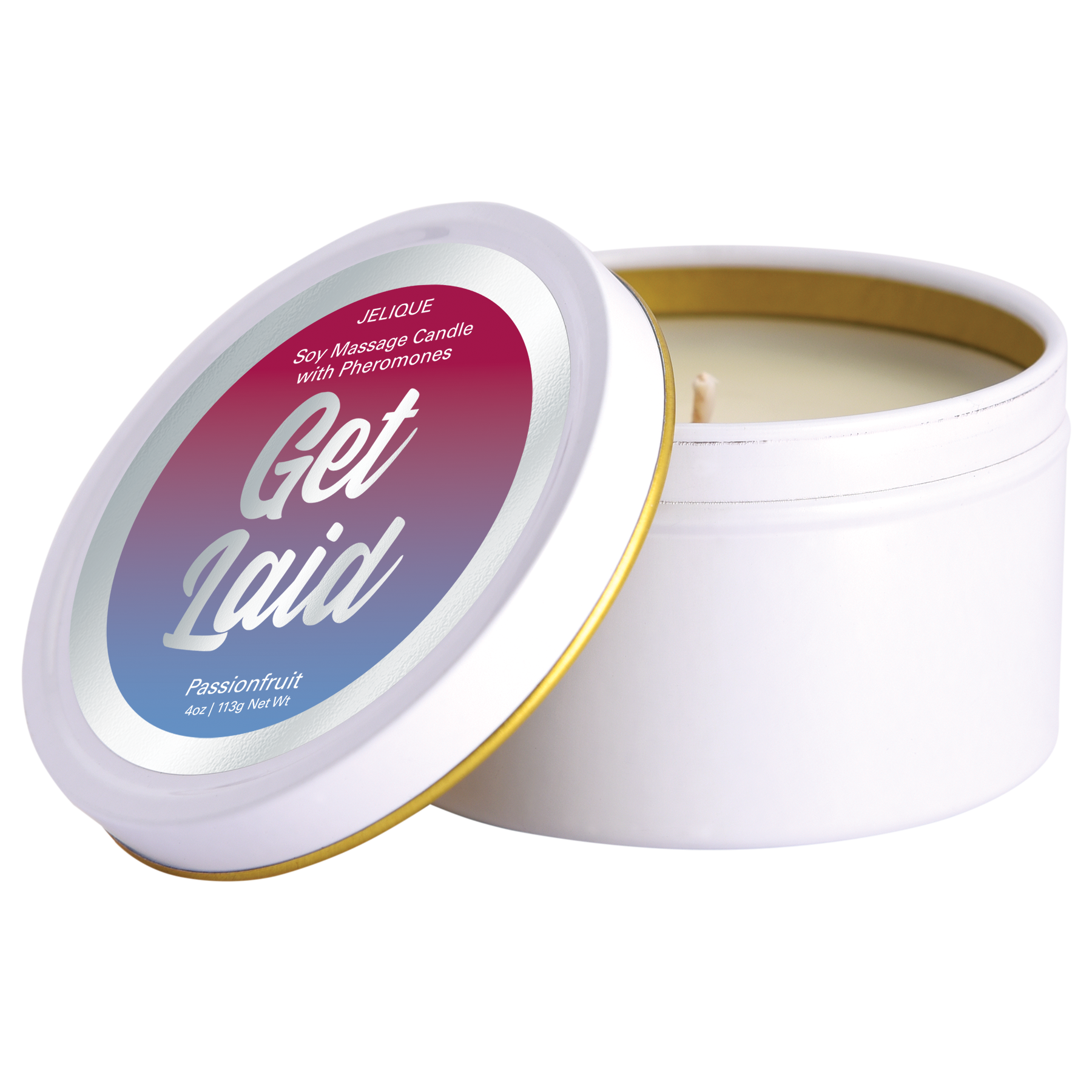Soy massage candle with pheromones in passion fruit scent.