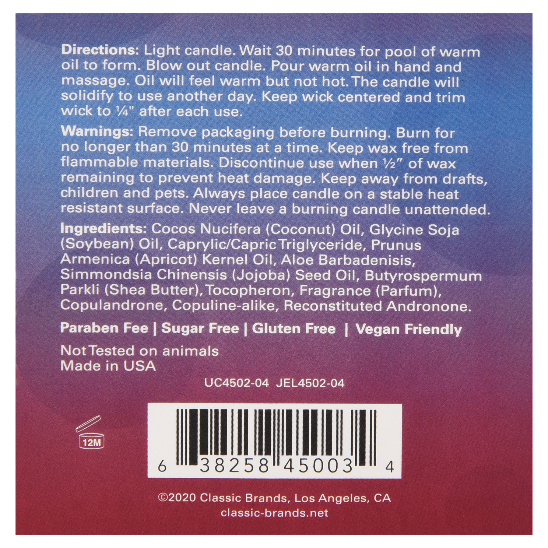 Pheromone massage candle with passion fruit soy oil and usage instructions.