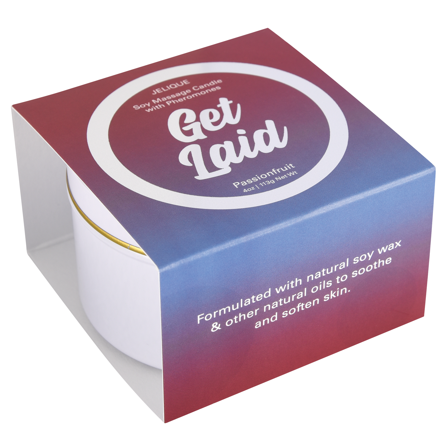 Pheromone massage candle with passion fruit scent.