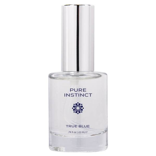 Pure Instinct True Blue fragrance in a clear glass bottle with a silver cap.