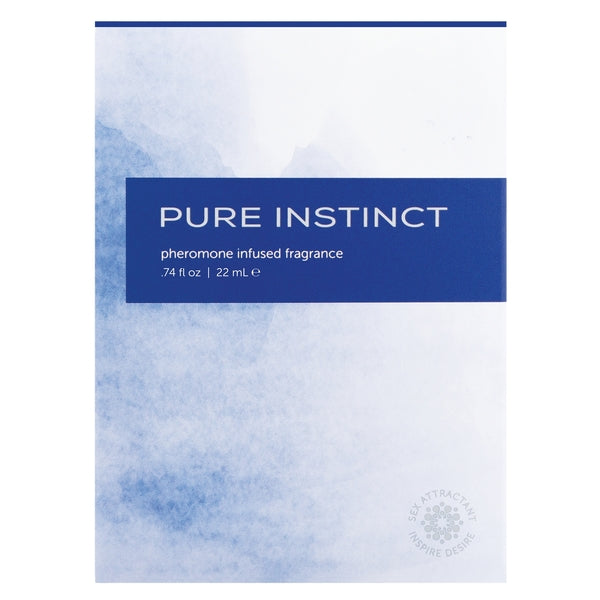 Pure Instinct pheromone infused fragrance in a 22 mL bottle with a blue watercolor design.