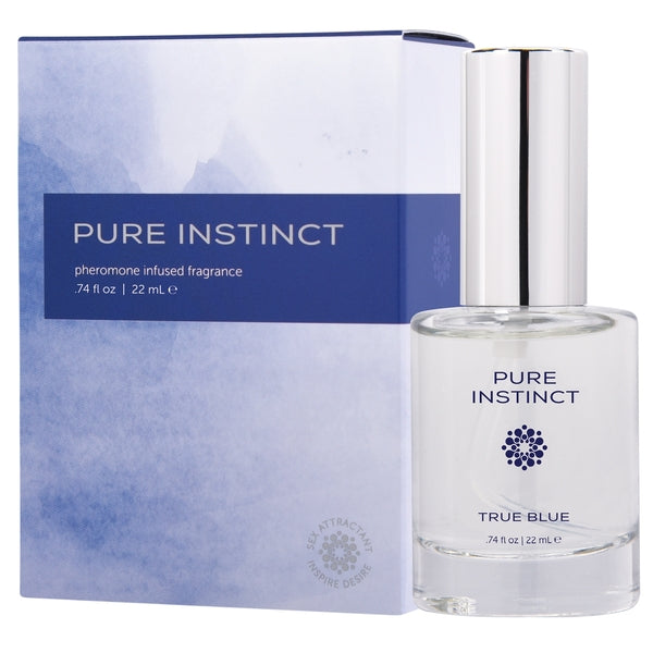 Pure Instinct True Blue pheromone infused fragrance in a clear glass bottle with a silver cap.