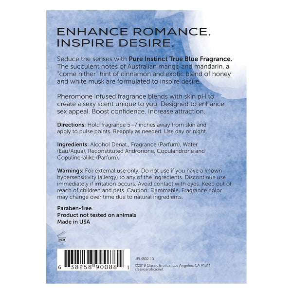 Pure Instinct True Blue pheromone fragrance with mango, mandarin, cinnamon, honey, and musk.