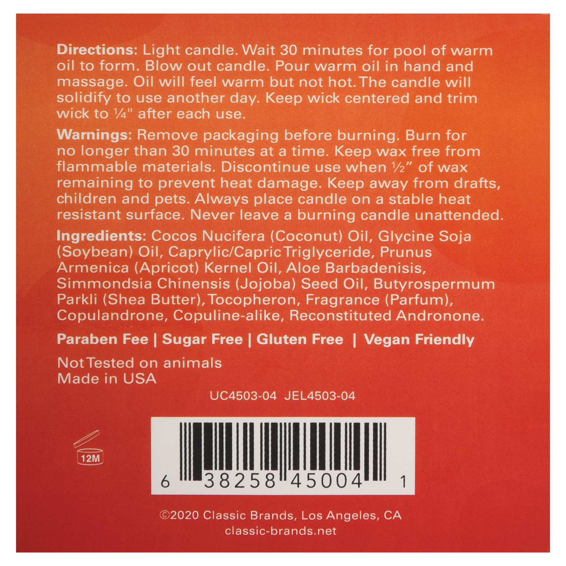 Massage candle with directions, warnings, ingredients, and barcode.