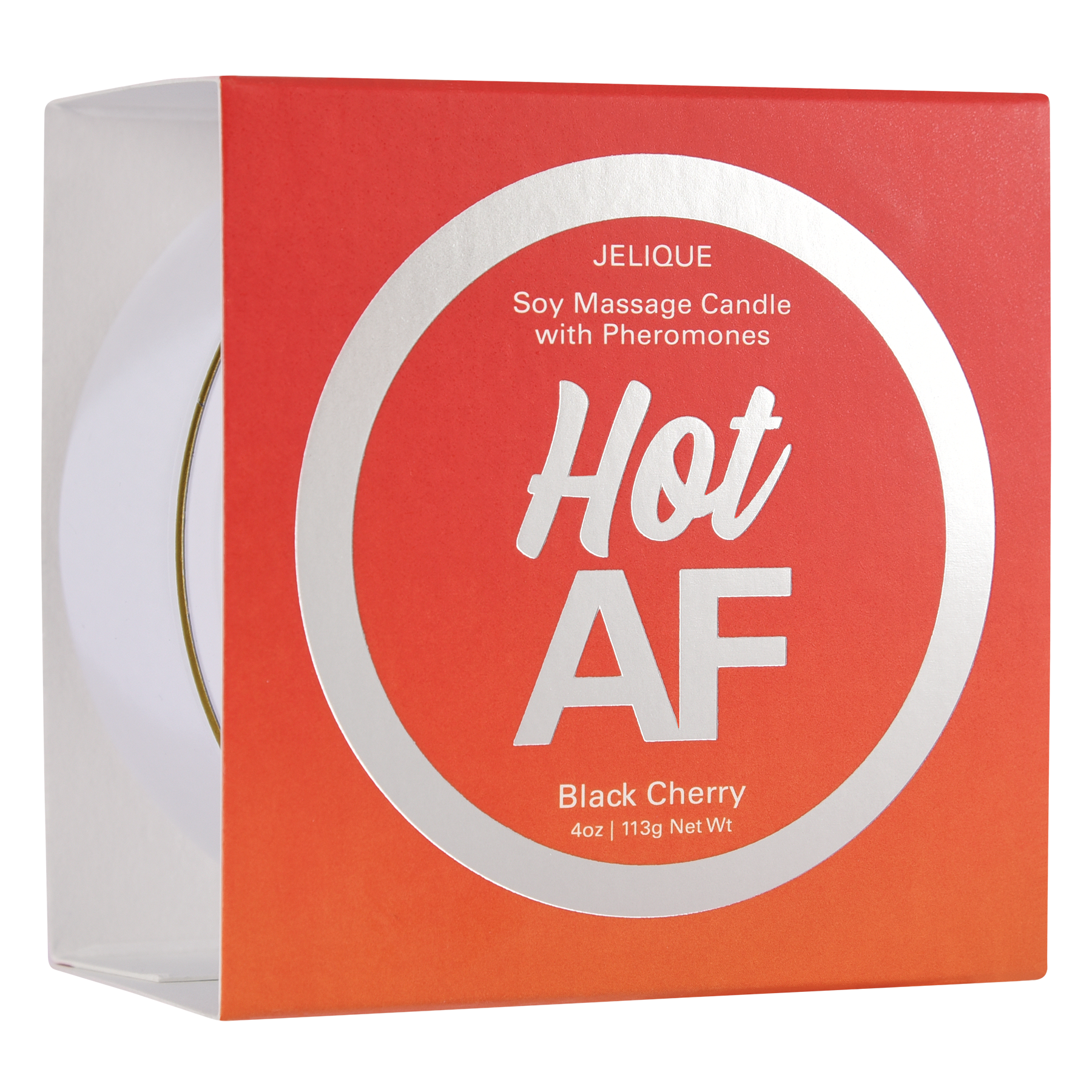JELIQUE Hot AF Soy Massage Candle with Pheromones in Black Cherry.