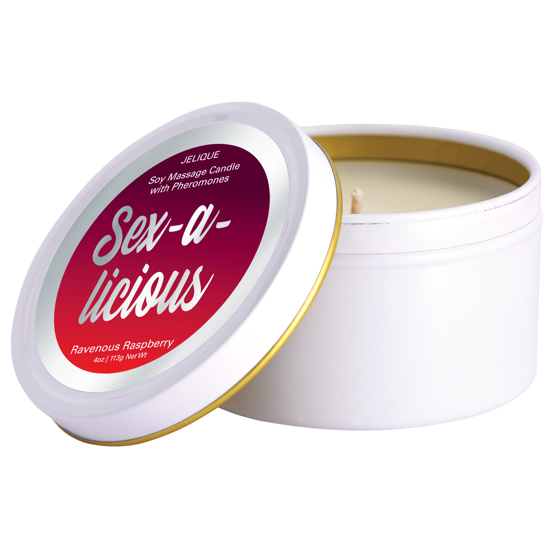 Soy massage candle with pheromones in Ravenous Raspberry scent.
