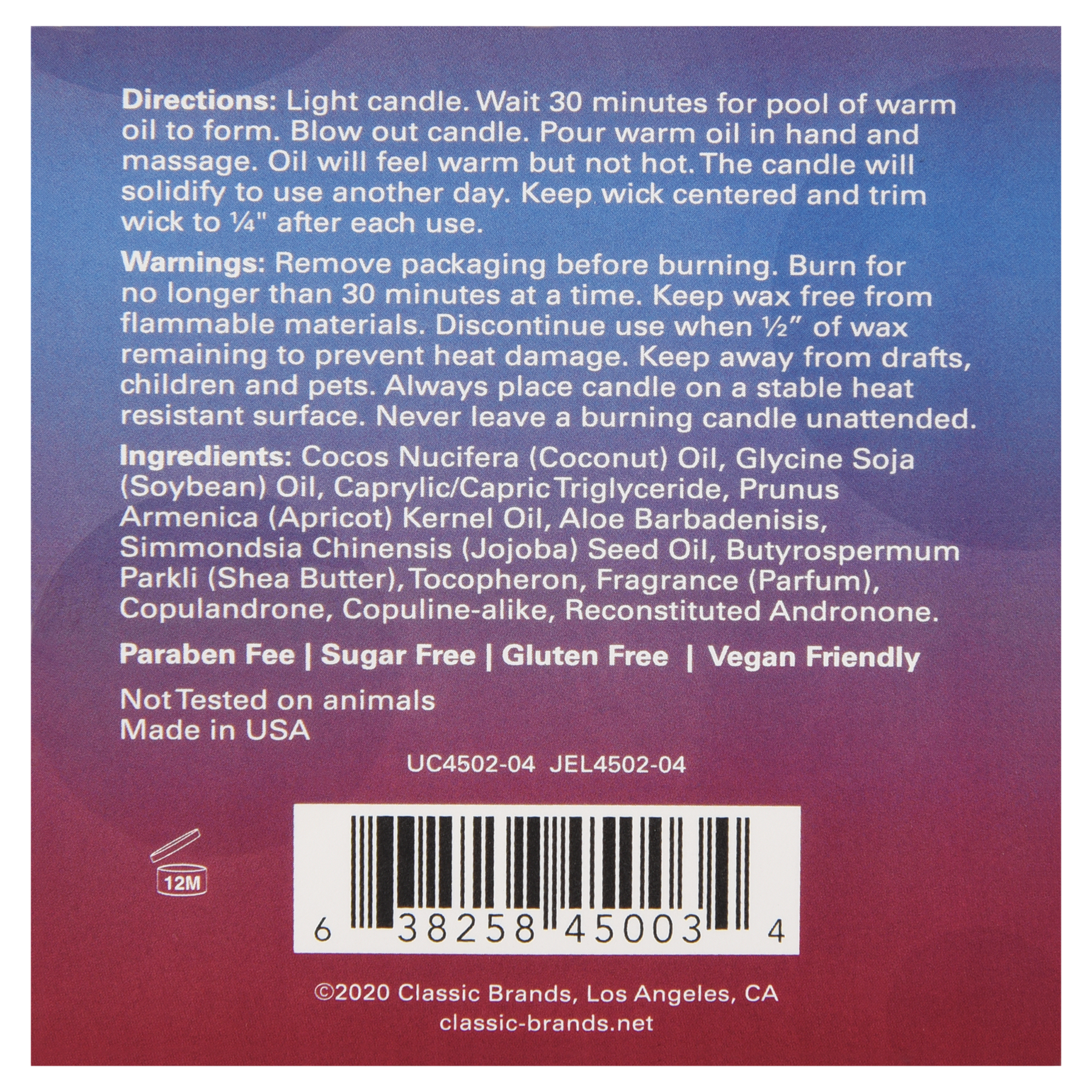Pheromone massage candle with raspberry scent, soy oil, and instructions.