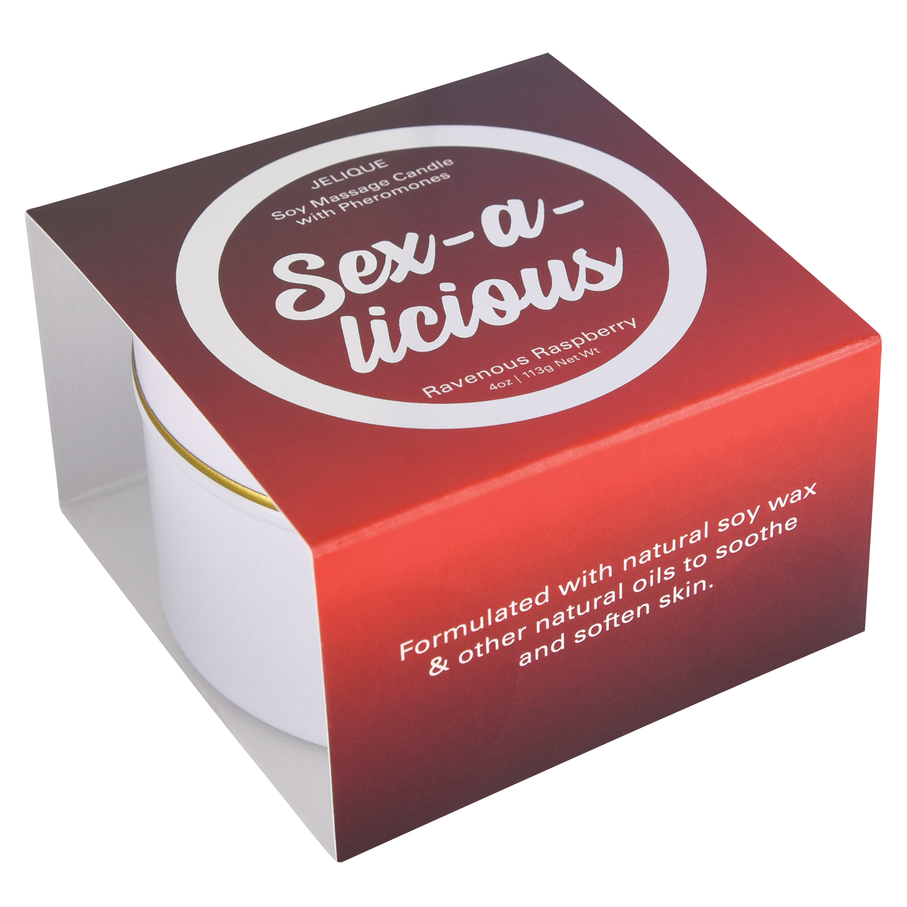 JELIQUE Soy Massage Candle with Pheromones in Ravenous Raspberry scent.