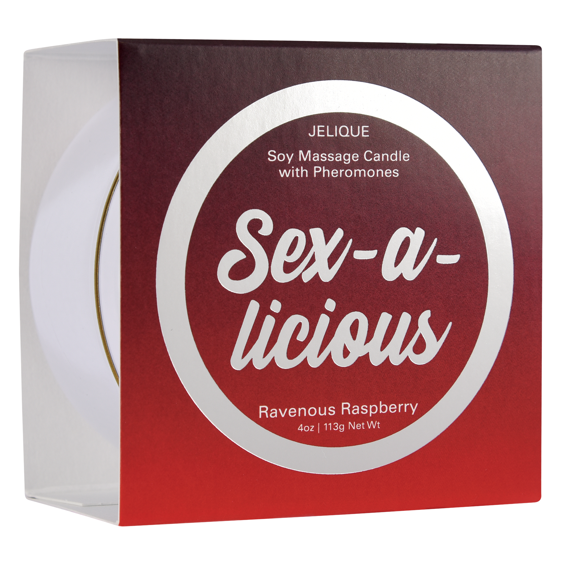 JELIQUE Soy Massage Candle with Pheromones in Ravenous Raspberry scent.