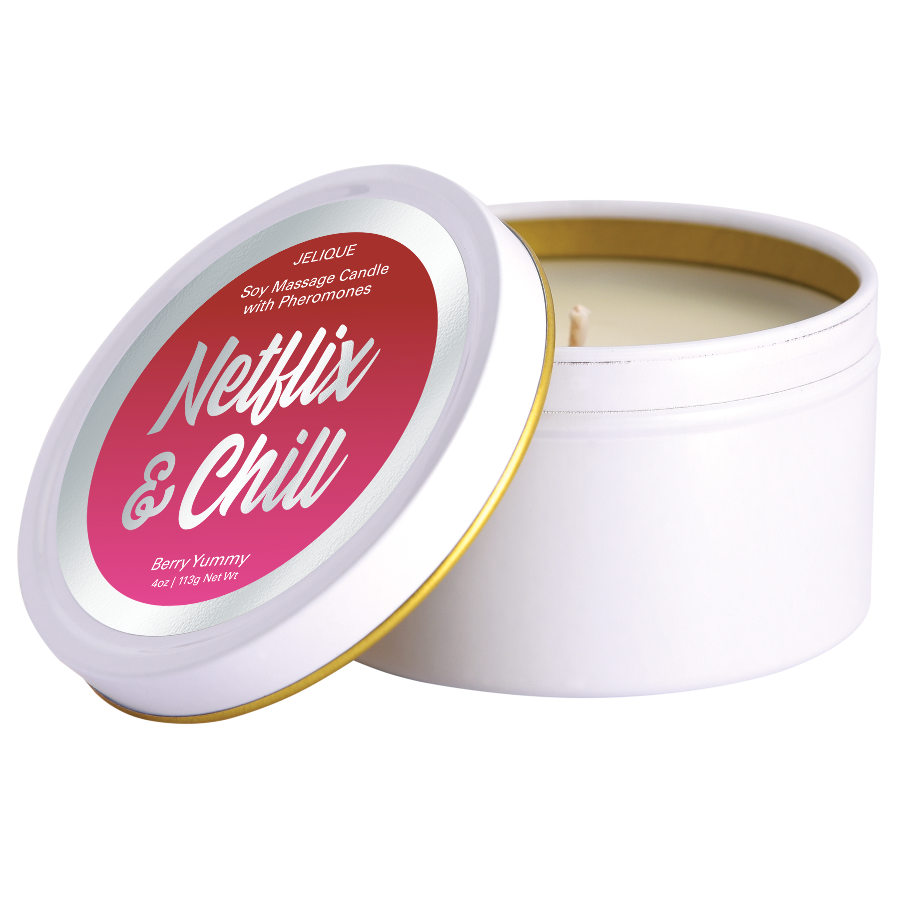 A white tin candle with a red label that says "Netflix & Chill" and "Berry Yummy".