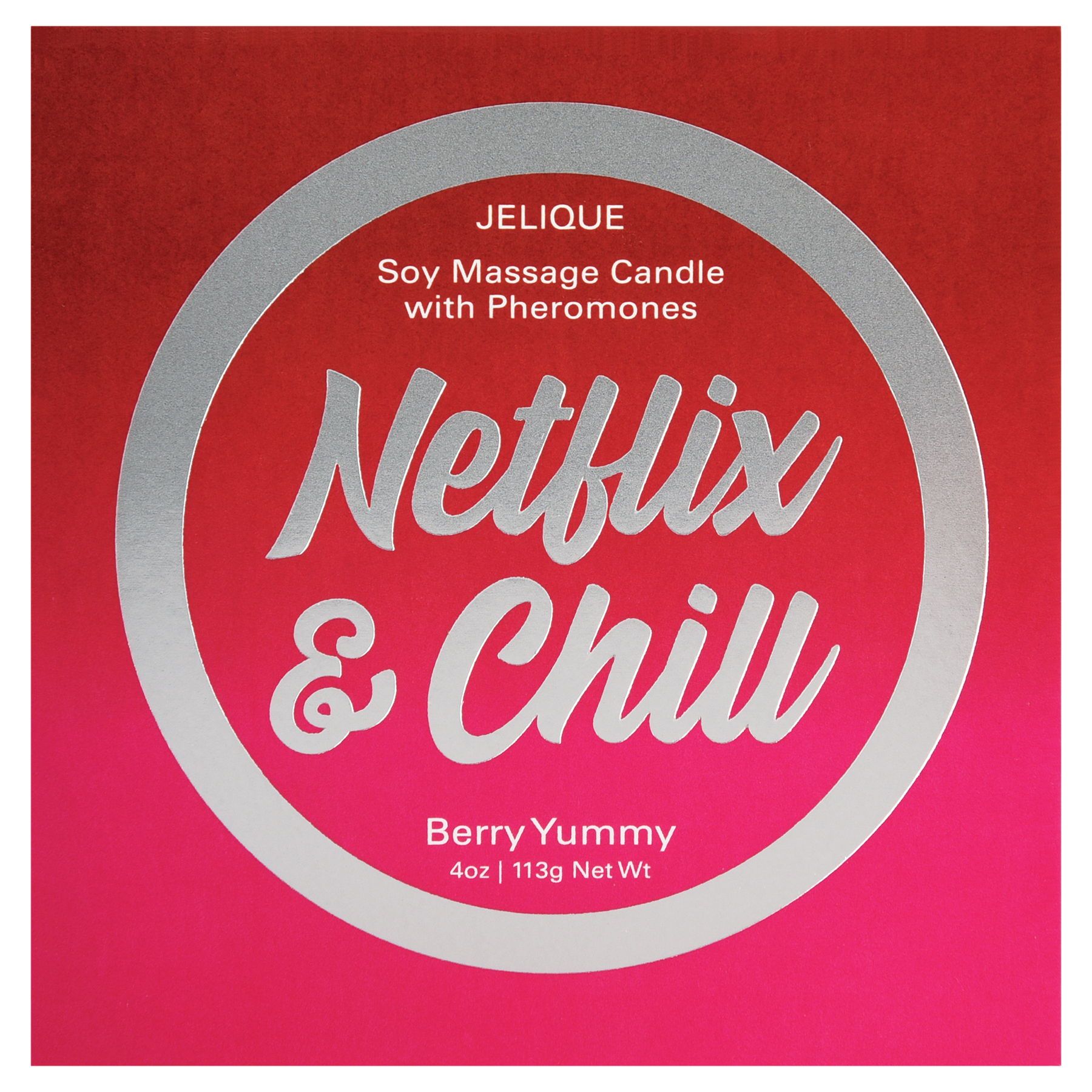 A red candle with "Netflix & Chill" and "Berry Yummy" text.