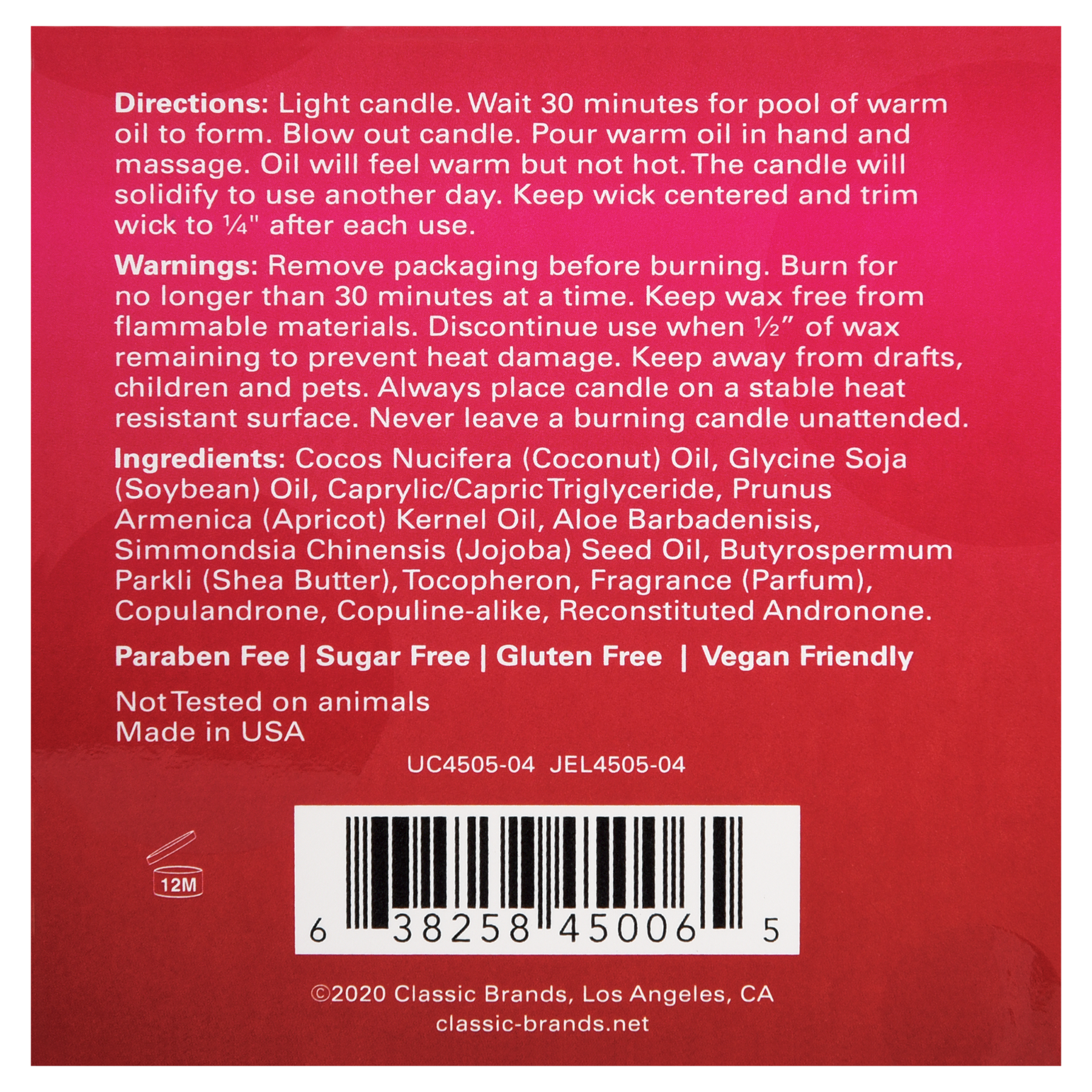 Pheromone massage candle with berry yummy scent, soy wax, and usage instructions.