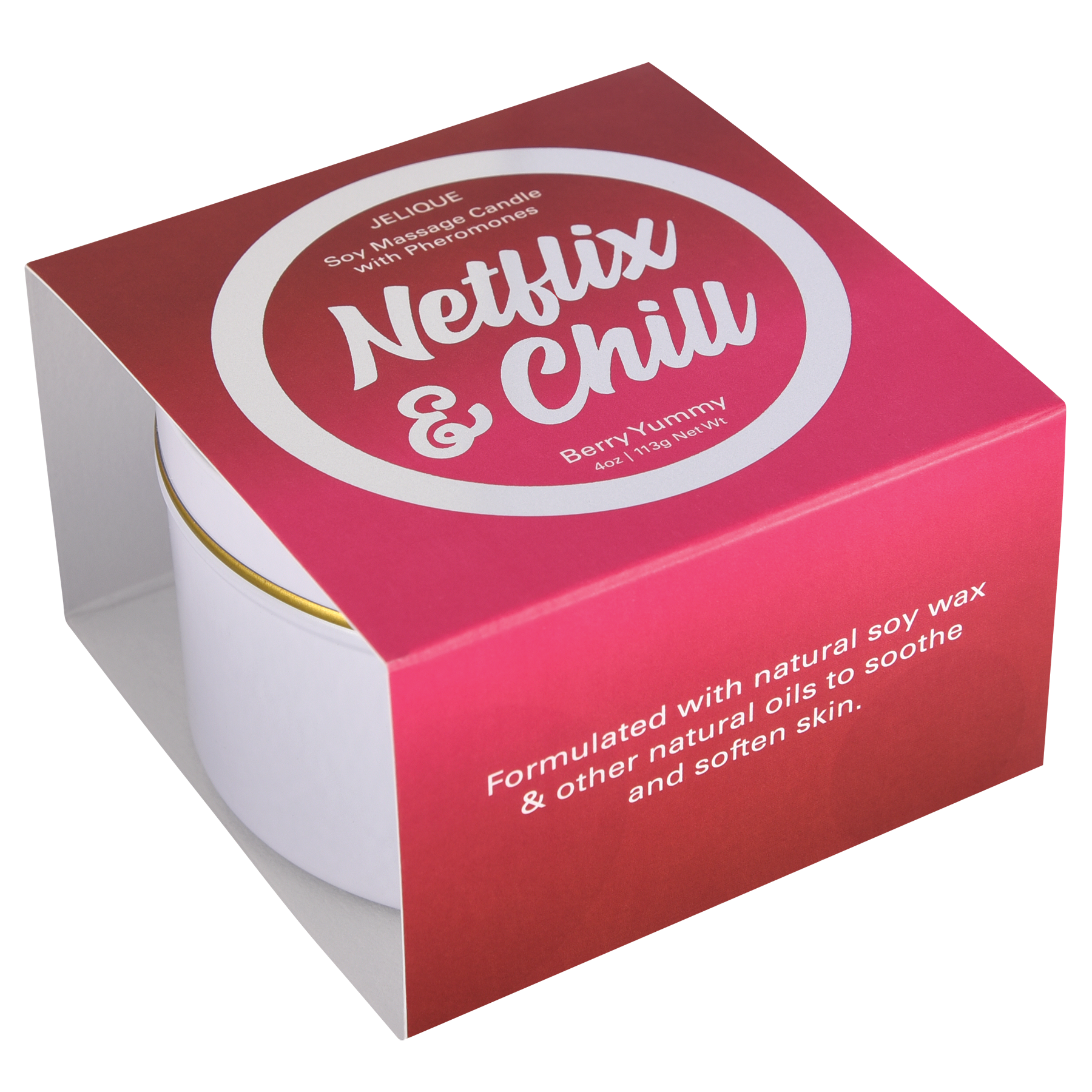 JELIQUE Netflix & Chill soy massage candle with Berry Yummy scent.