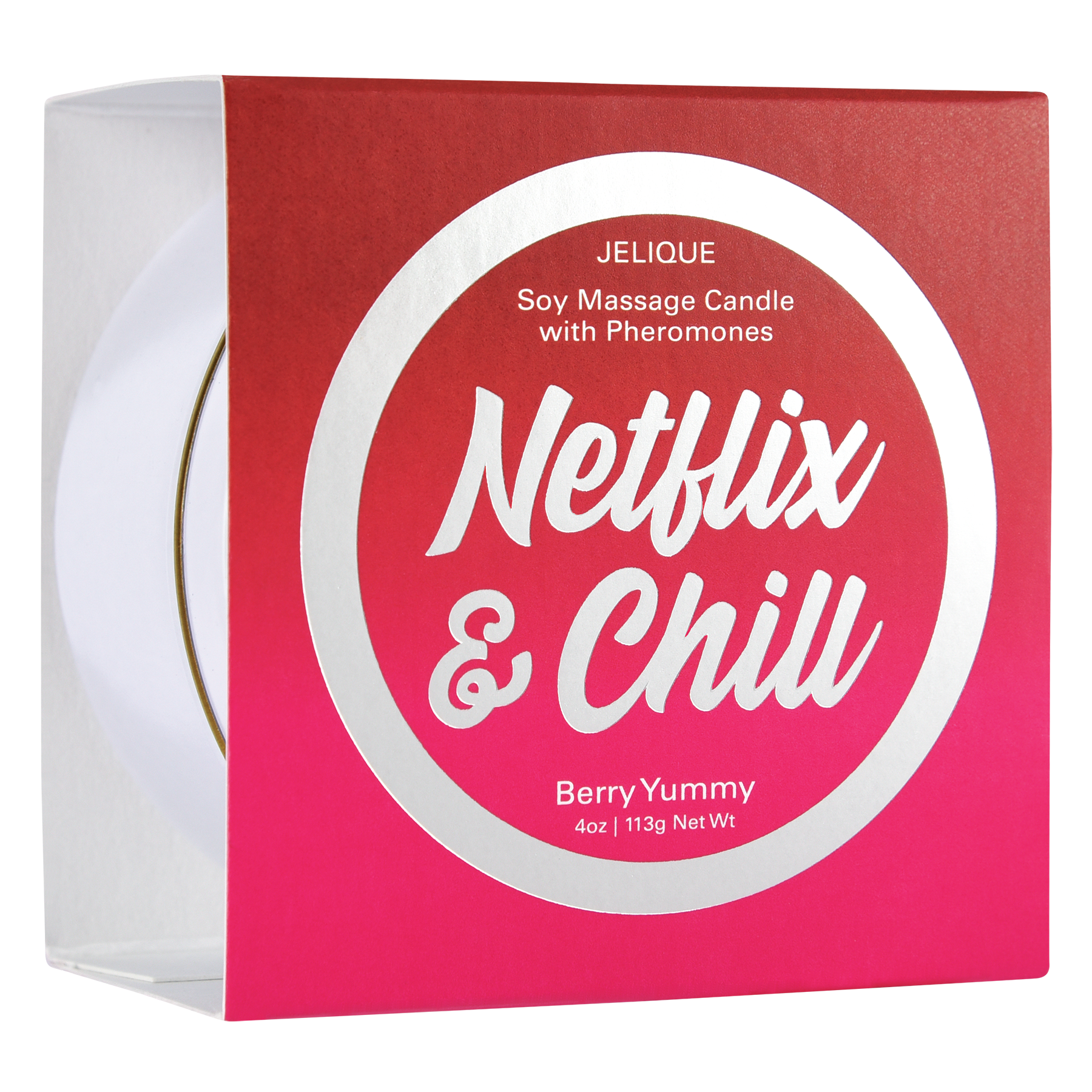 Soy massage candle with pheromones, "Netflix & Chill" design, Berry Yummy scent.