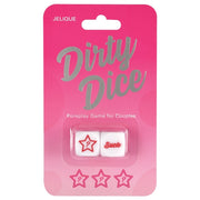 Dirty Dice foreplay game for couples with two dice, one showing a question mark in a star and the other saying "Suck".