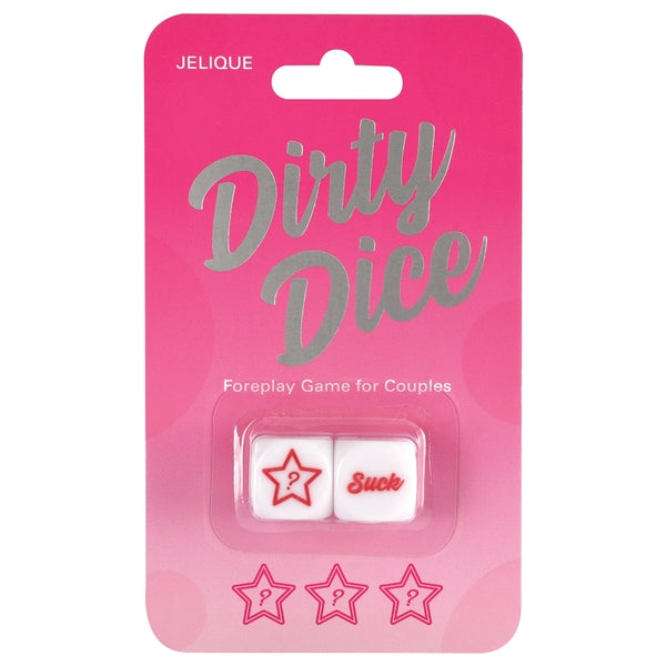 Dirty Dice foreplay game for couples with two dice, one showing a question mark in a star and the other saying "Suck".