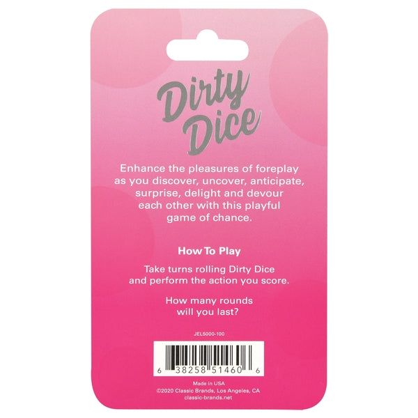 Dirty Dice foreplay game with instructions and barcode on a pink background.