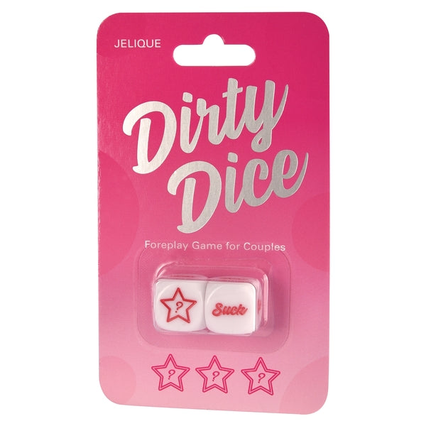 Dirty Dice foreplay game for couples by Jelique, featuring two dice with symbols.