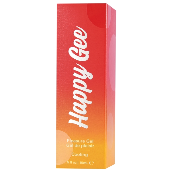 A box of Happy Gee Cooling Pleasure Gel with a gradient of red to yellow.