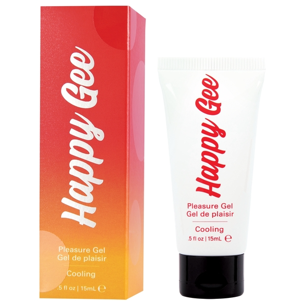 Happy Gee Cooling Pleasure Gel in a white tube with a red logo and a matching box.