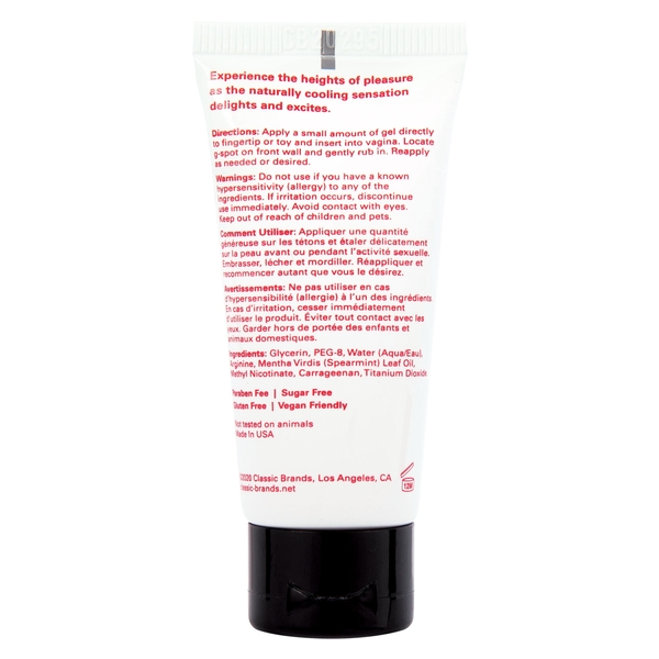 A tube of cooling pleasure gel with instructions and ingredients listed.