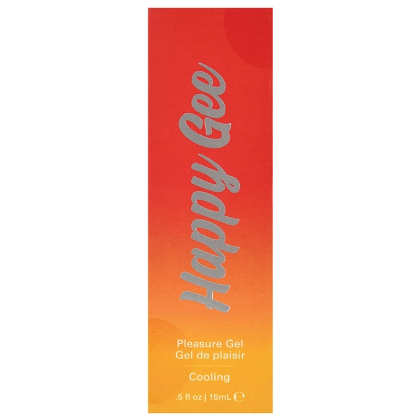 Happy Gee Cooling Pleasure Gel in a 15mL tube with a gradient orange and red design.